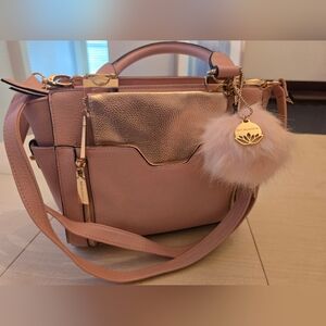 Big Buddha Pink Satchel with Gold Accents, 2 Bag Charms and Cosmetics Case, NWOT